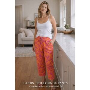 Lands' End Cotton Lounge Pants Pink Orange Floral Elastic Waist Drawstring XL